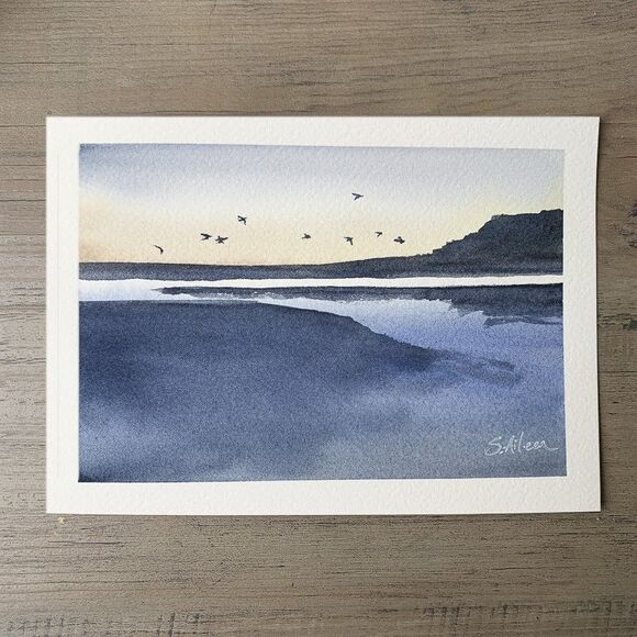 Original Watercolor Landscape Painting Lowcountry Birds "Nightfall" 5x7 Signed - Picture 2 of 2